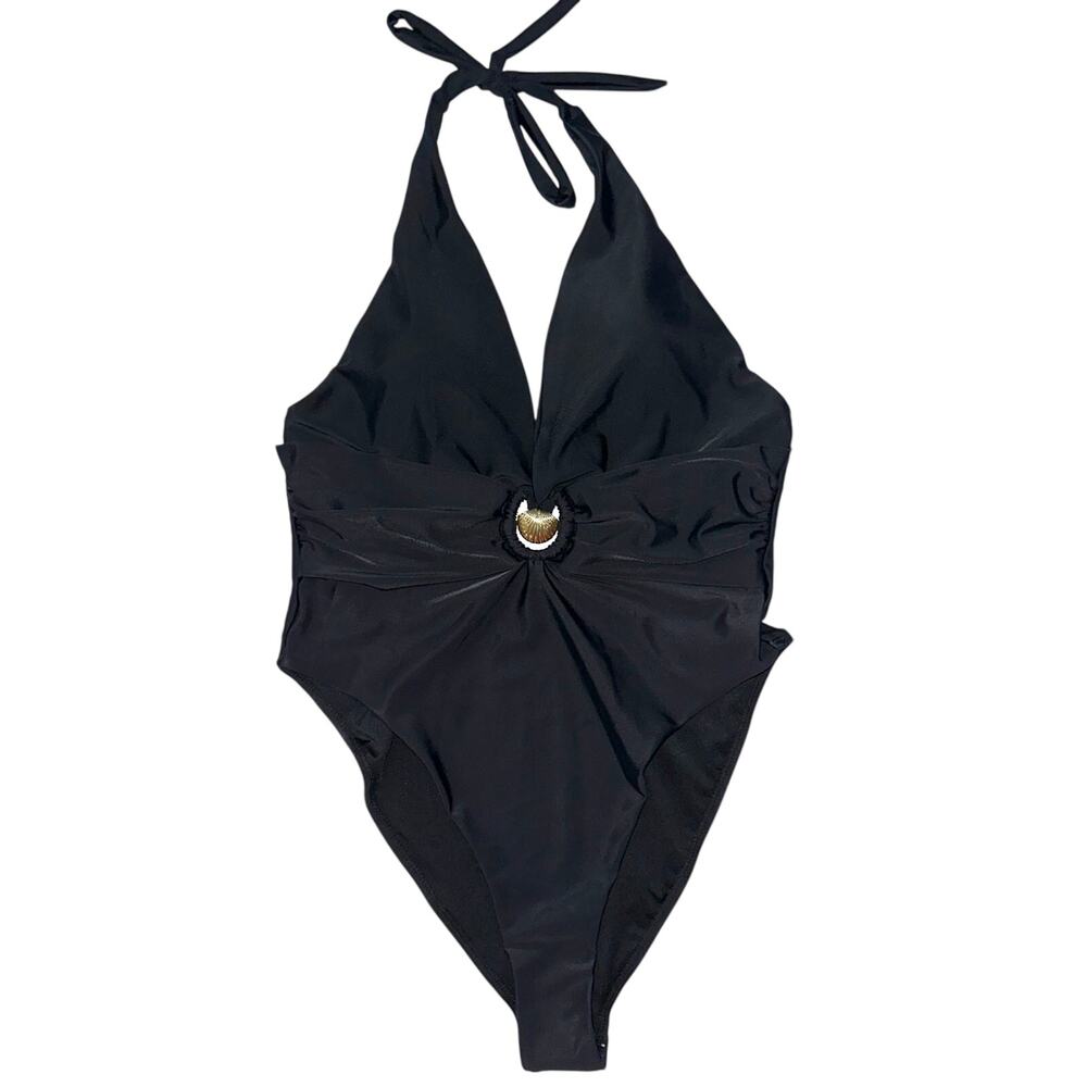 NEW Torn by Ronny Kobo Black Bianca Shell Plunge High Leg One-Piece Swimsuit L
